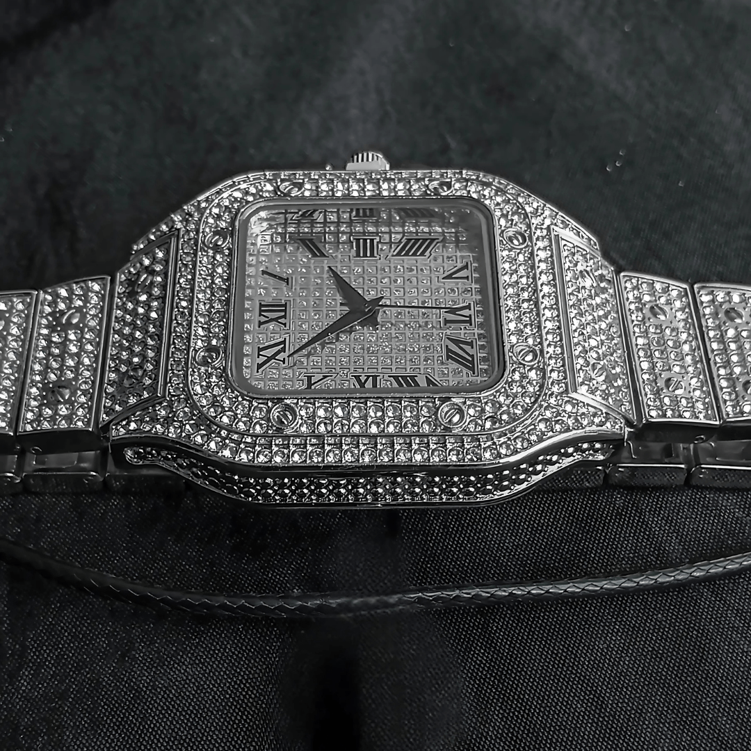 Iced Out Men Watch Luxury Square Roman Dial with Gift Box