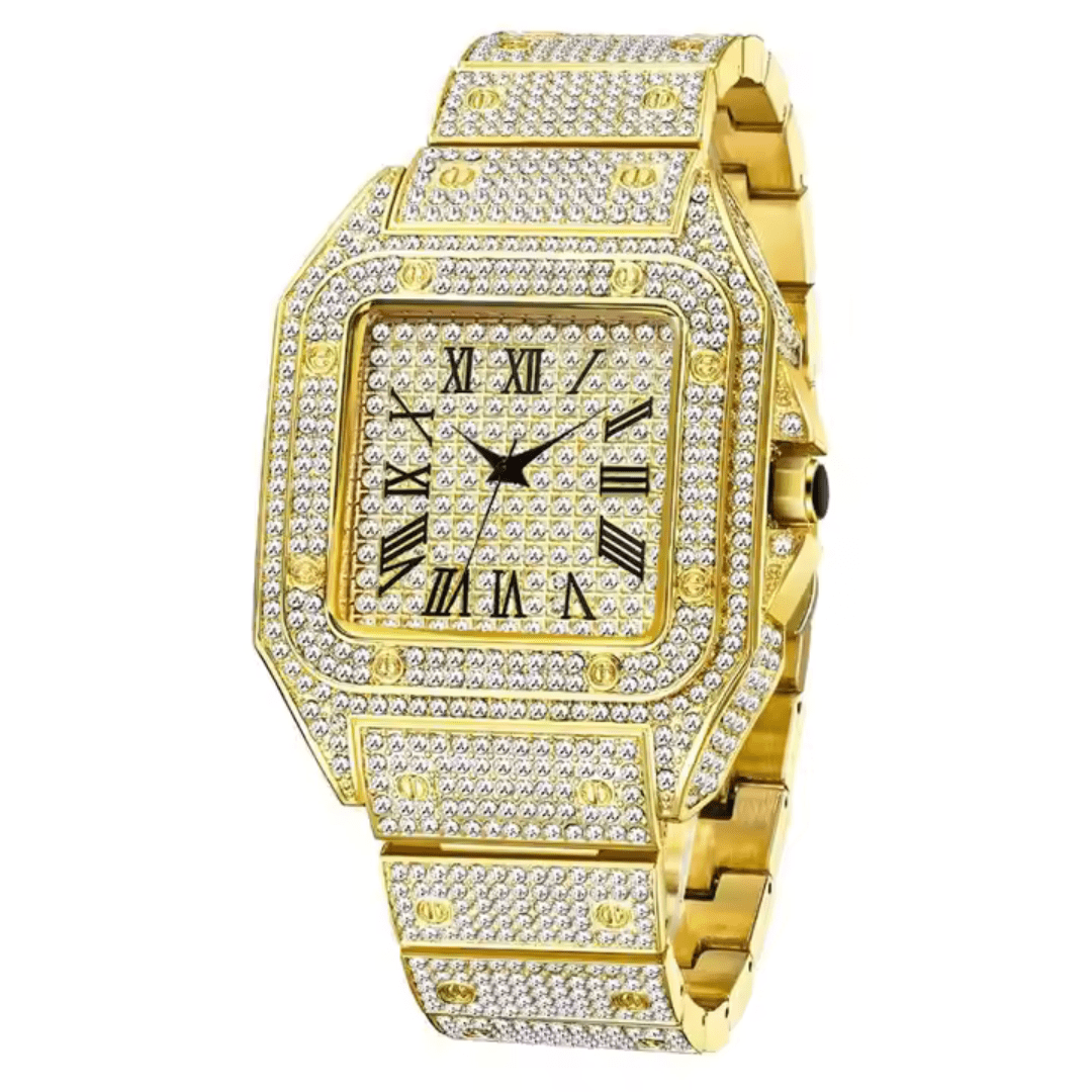 Iced Out Men Watch Luxury Square Roman Dial with Gift Box