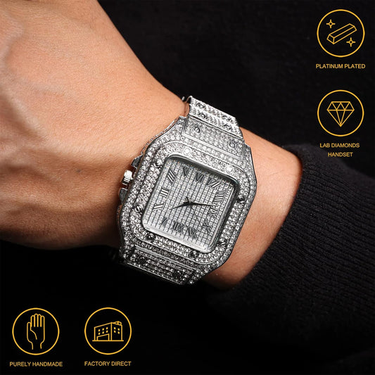 Iced Out Men Watch Luxury Square Roman Dial with Gift Box