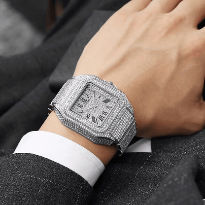 Iced Out Men Watch Luxury Square Roman Dial with Gift Box