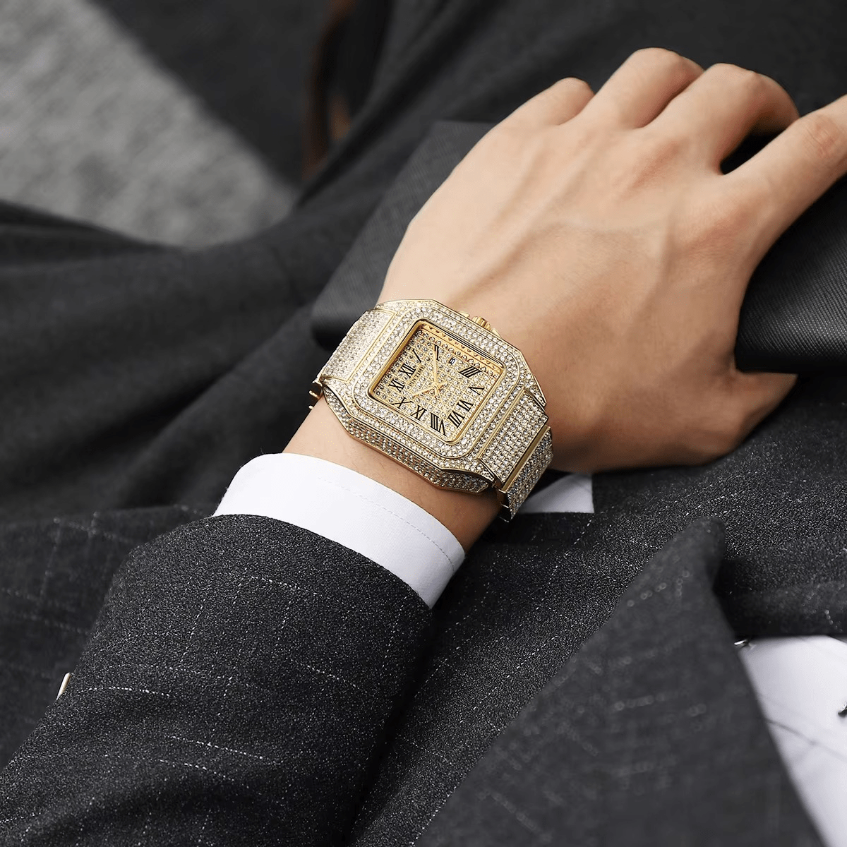 Iced Out Men Watch Luxury Square Roman Dial with Gift Box